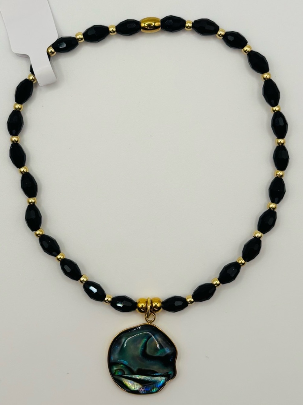 *ANKLET* S. Steel Gold Abalone with Black Crystal Stretchy Anklet - Picture 7 of 8